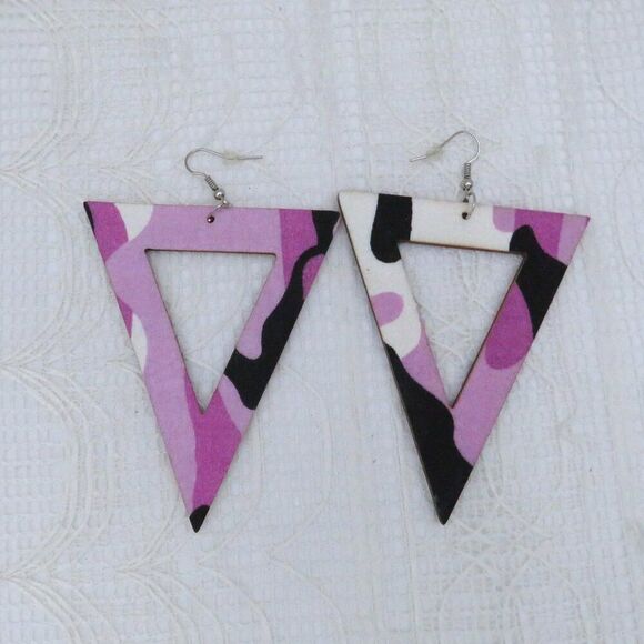 Fashion Inverted Triangle Purple Camo Colored Earrings for Women Statement - Picture 3 of 6
